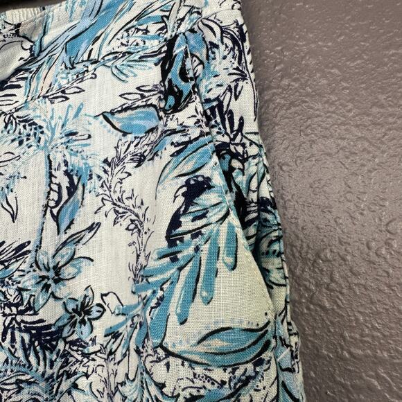 Tahari Size Medium Linen Floral Wide Leg Crop Pants Beach Tropical Blue White - Picture 4 of 6